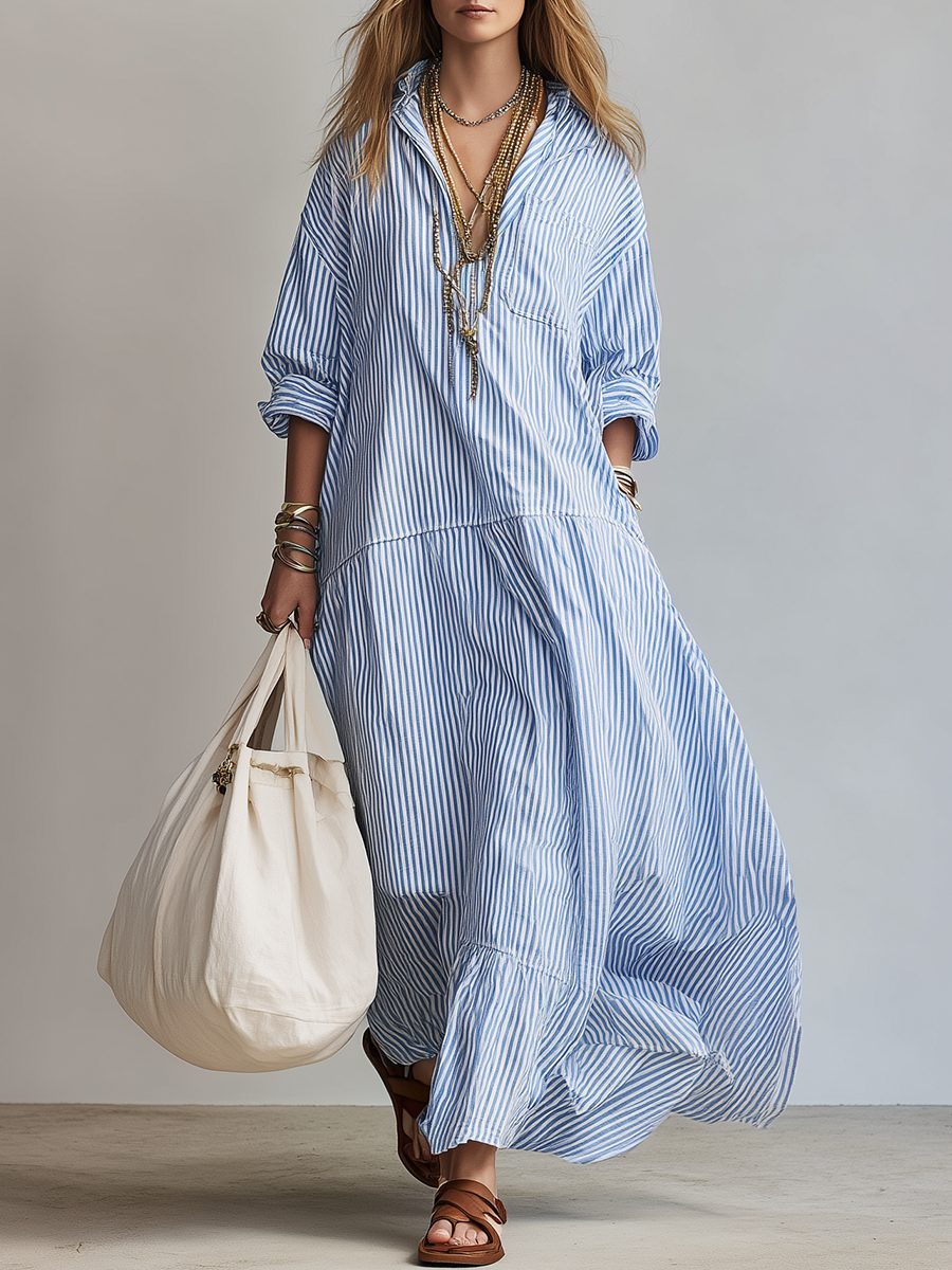 Manuela™ | Vestido maxi de rayas azules de estilo camisero holgado