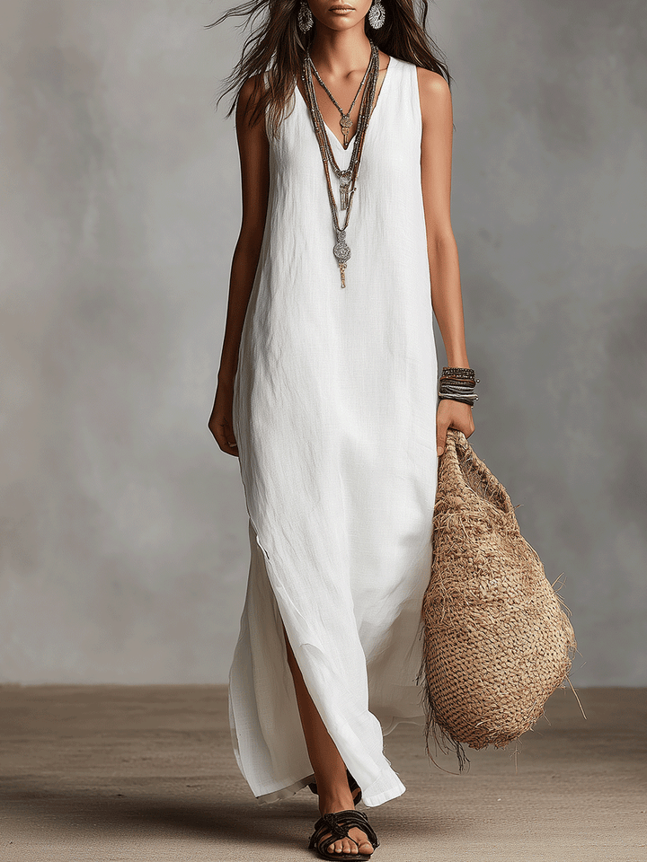 Sofía™ | Vestido maxi blanco sin mangas con escote en V