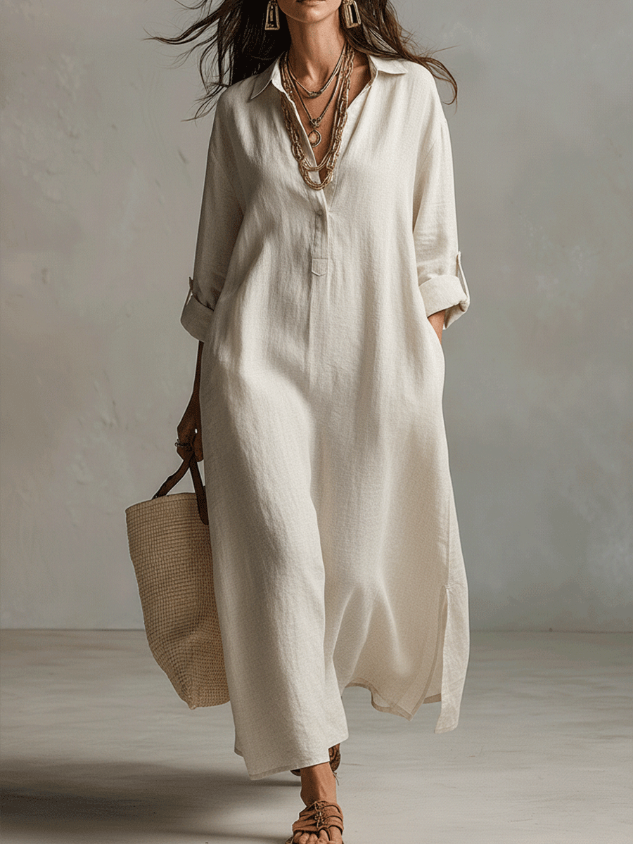 Gracia™ | Vestido camisero maxi vintage ligero en crema natural