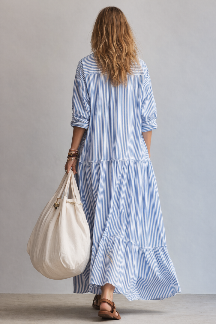 Manuela™ | Vestido maxi de rayas azules de estilo camisero holgado