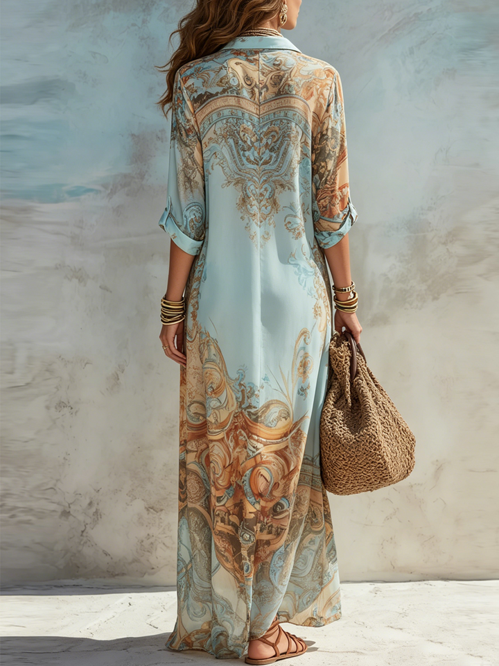 Lisa | Vestido Maxi de Chiffon Azul Estilo Barroco con Flores