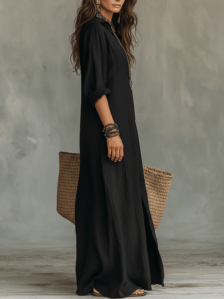 Montserrat™ | Vestido maxi bohemio negro con botones en la parte delantera