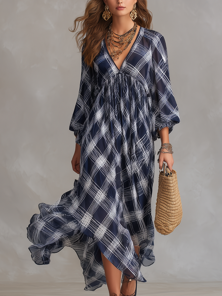 Elvira™ | Vestido maxi fluido de estilo francés azul marino a cuadros