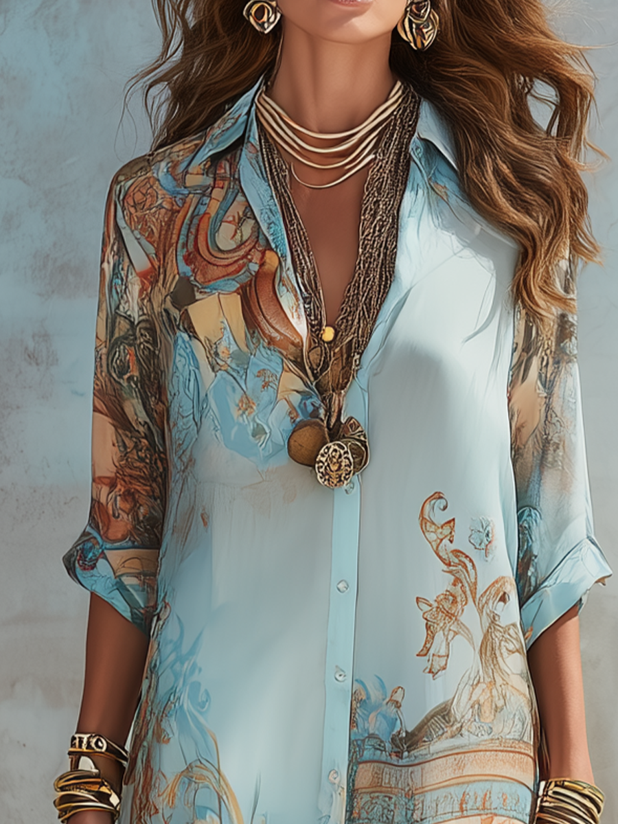 Lisa | Vestido Maxi de Chiffon Azul Estilo Barroco con Flores
