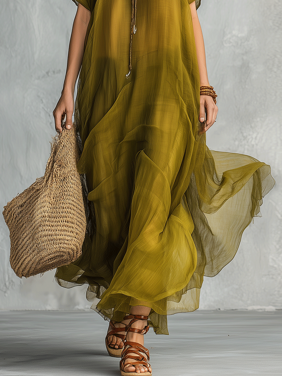 Isabel™ | Vestido maxi bohemio verde oliva con silueta drapeada
