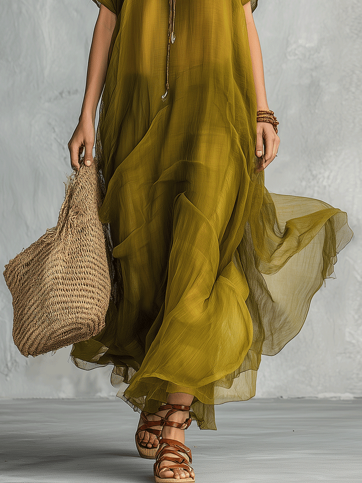 Isabel™ | Vestido maxi bohemio verde oliva con silueta drapeada