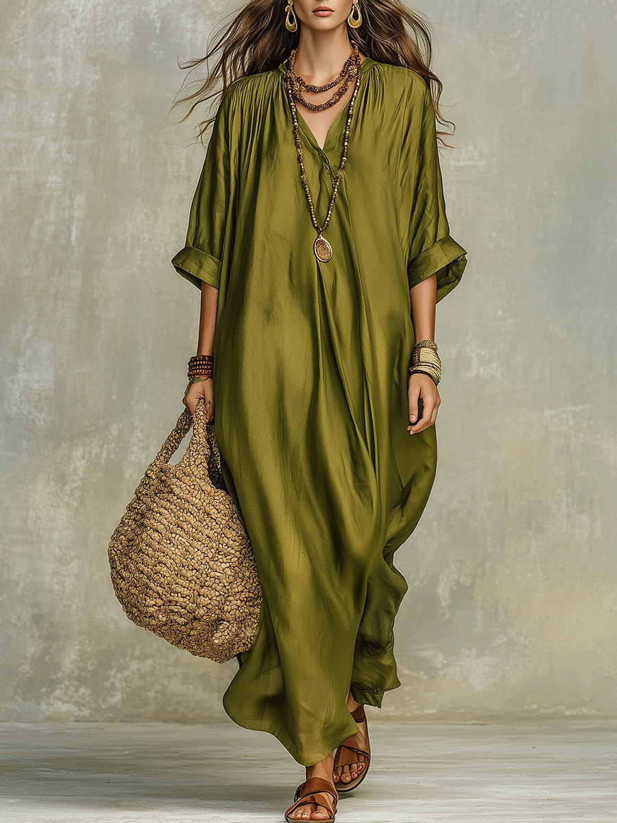 Rocío™ | Vestido maxi bohemio verde oliva holgado