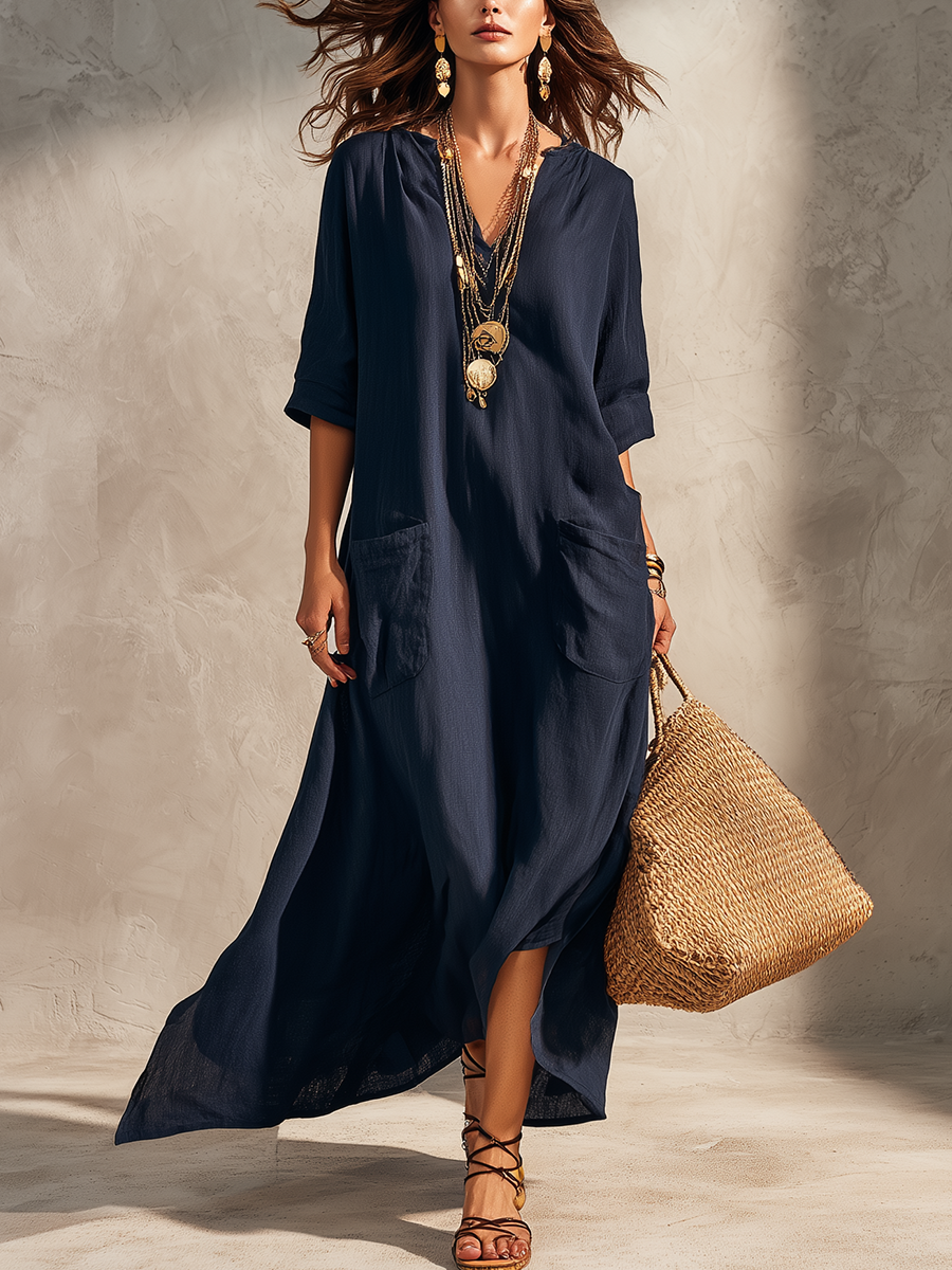 Paloma™ | Vestido camisero bohemio azul medianoche