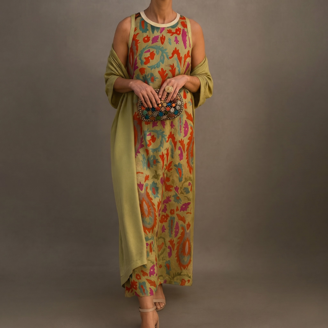 Daniela | Vestido largo estampado con chaleco coordinado