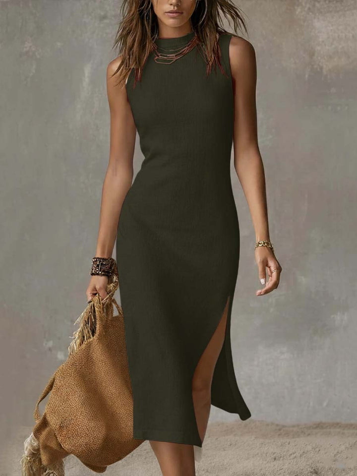 Rosario™ | Vestido midi sin cuello con abertura en el dobladillo