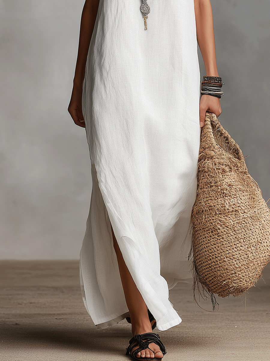 Sofía™ | Vestido maxi blanco sin mangas con escote en V