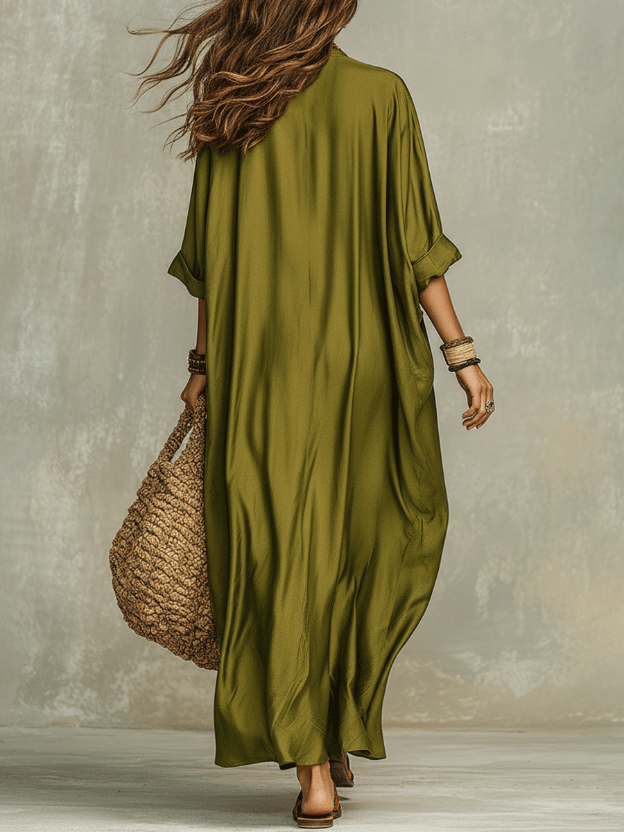 Rocío™ | Vestido maxi bohemio verde oliva holgado