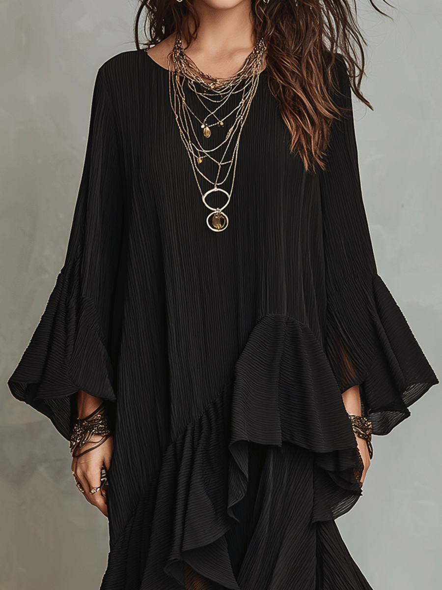 Remedios™ | Elegante vestido midi bohemio negro asimétrico con pliegues