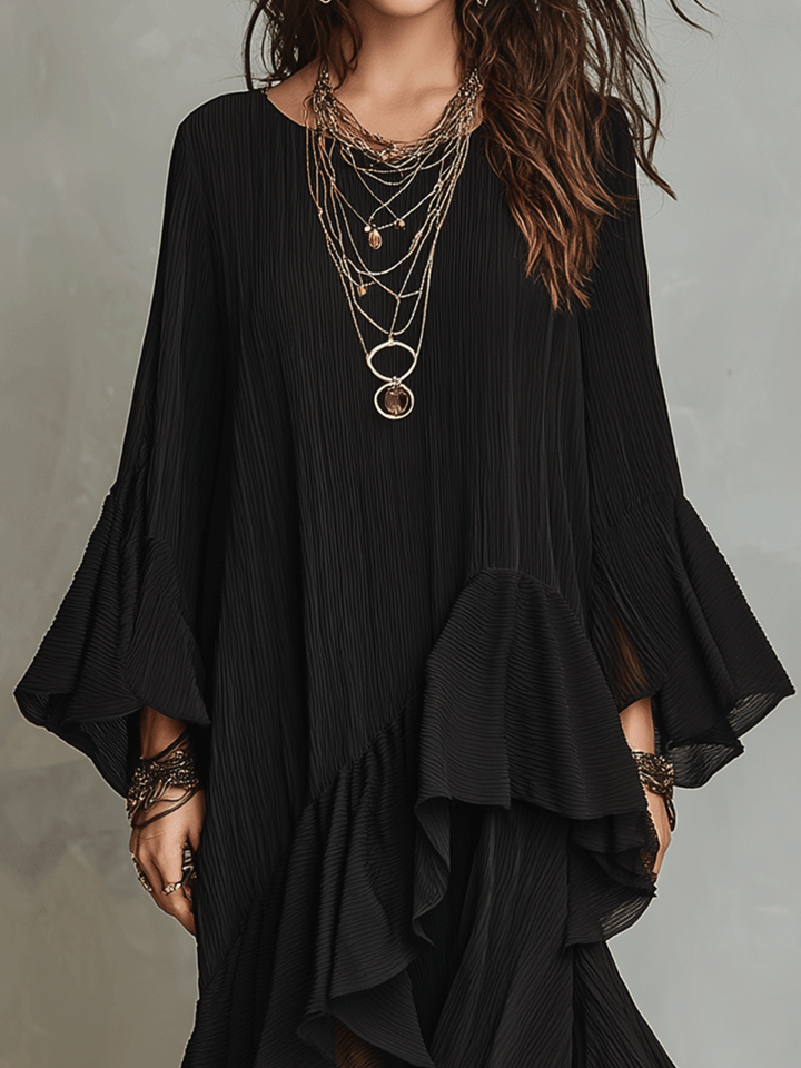 Remedios™ | Elegante vestido midi bohemio negro asimétrico con pliegues