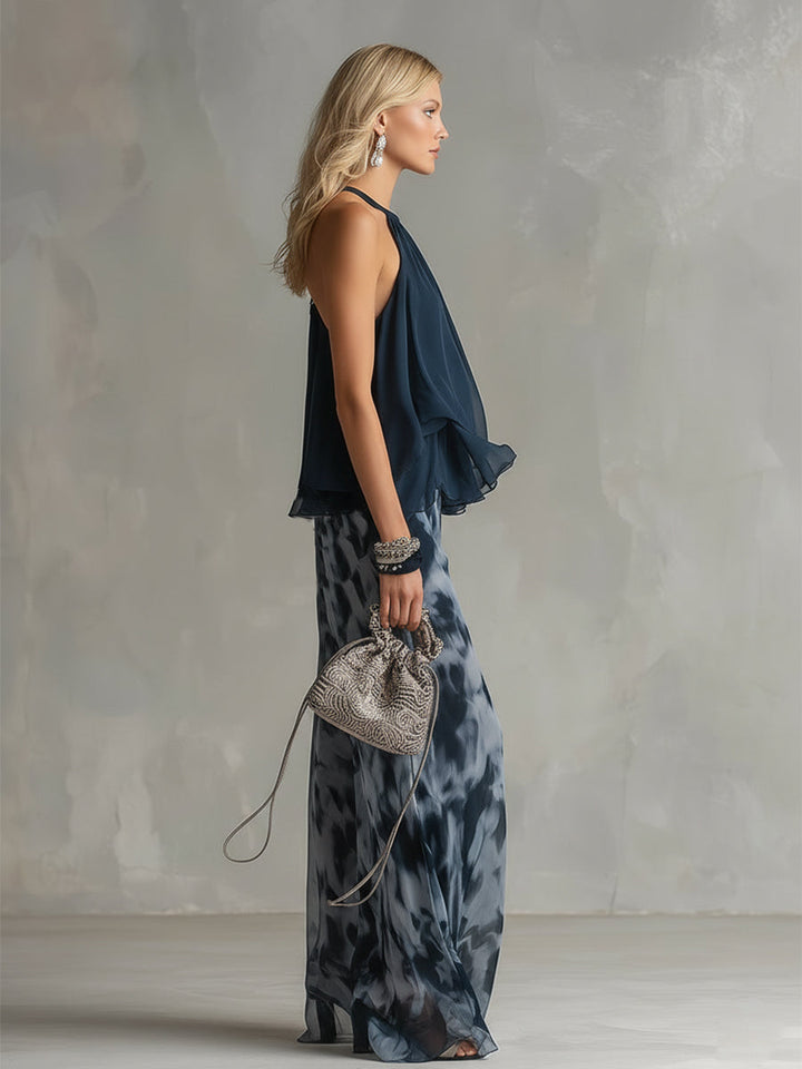 Serena | Conjunto elegante en chiffon con top de cuello alto y pantalón de estampado de pierna ancha