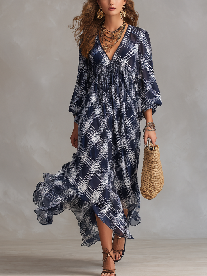 Elvira™ | Vestido maxi fluido de estilo francés azul marino a cuadros