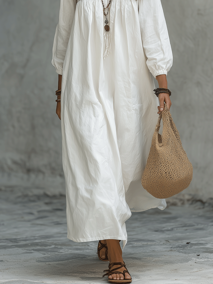 Esperanza™ | Vestido maxi blanco bohemio con bordado de flores y mangas globo