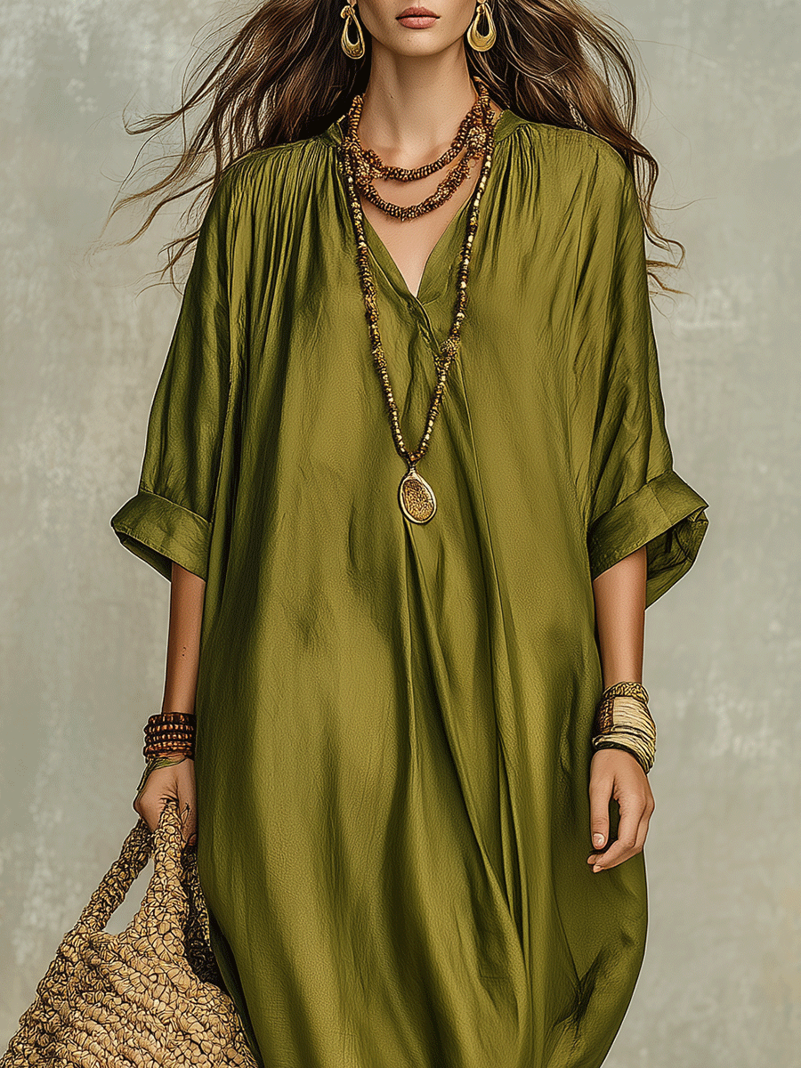 Rocío™ | Vestido maxi bohemio verde oliva holgado