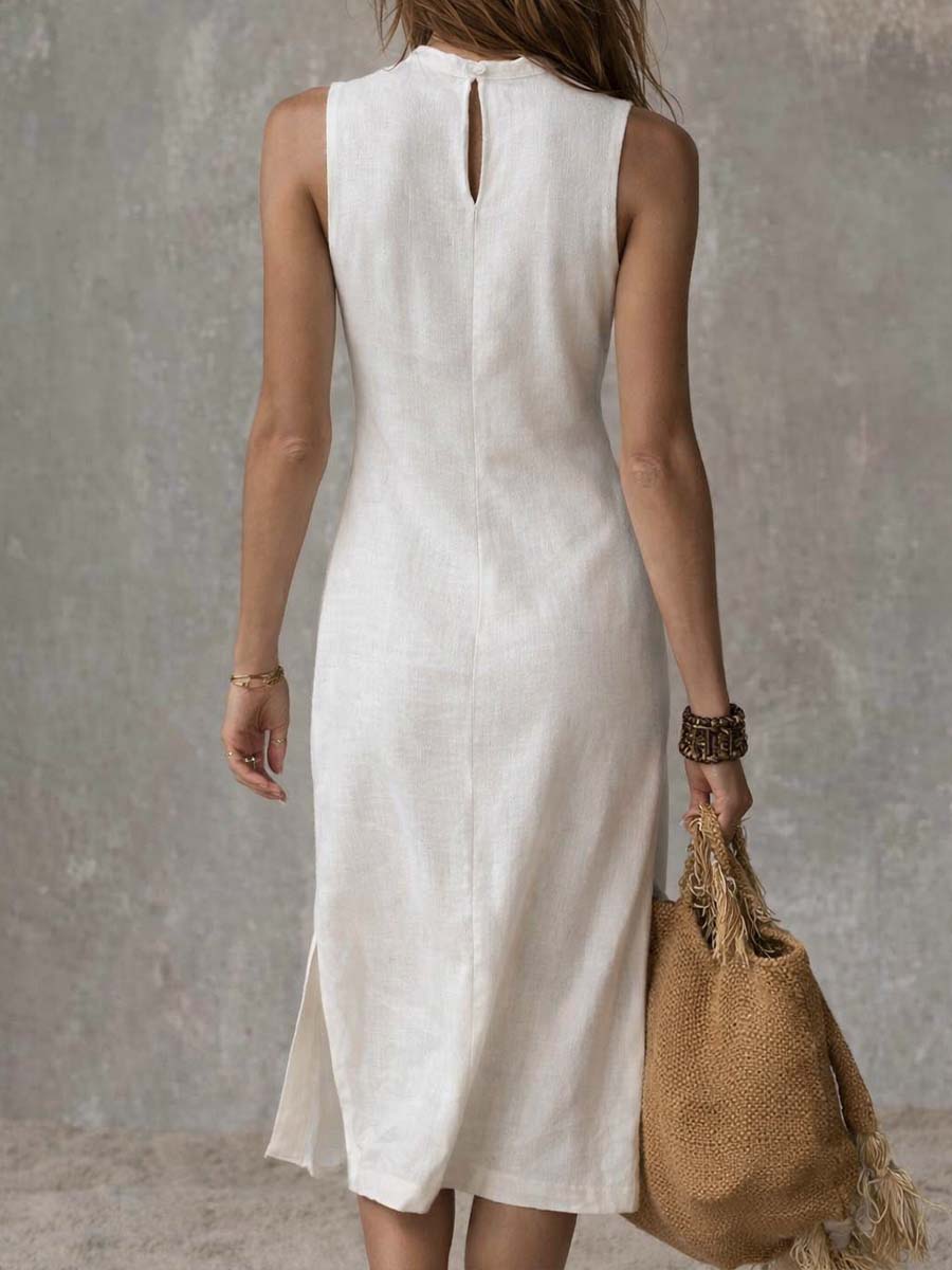 Rosario™ | Vestido midi sin cuello con abertura en el dobladillo