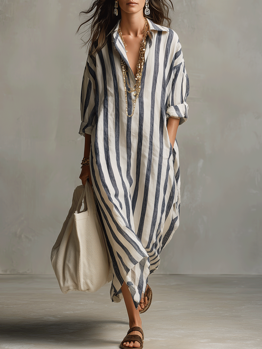 Soledad™ | Vestido maxi camisero a rayas de estilo bohemio