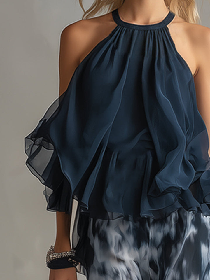 Serena | Conjunto elegante en chiffon con top de cuello alto y pantalón de estampado de pierna ancha