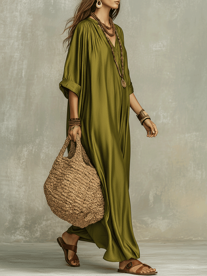 Rocío™ | Vestido maxi bohemio verde oliva holgado