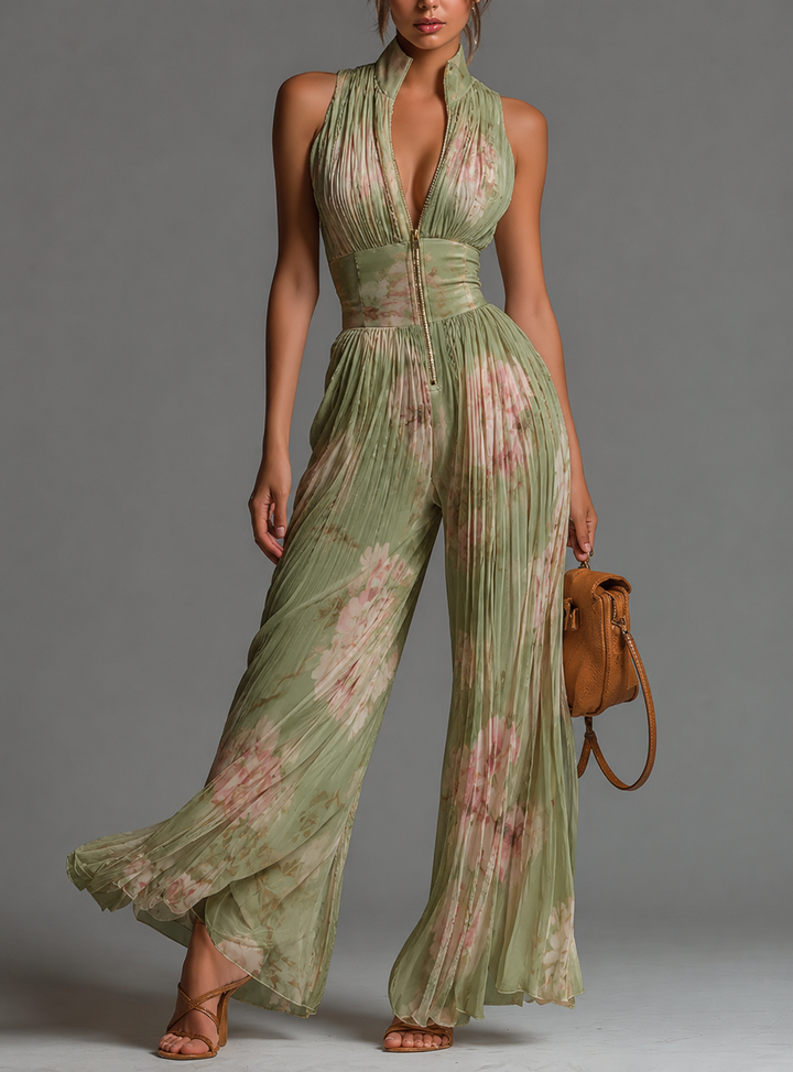 Valentina | Mono plisado en chiffon verde salvia floral con mangas de kimono