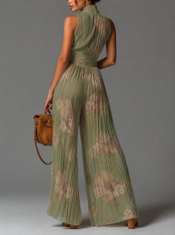 Valentina | Mono plisado en chiffon verde salvia floral con mangas de kimono