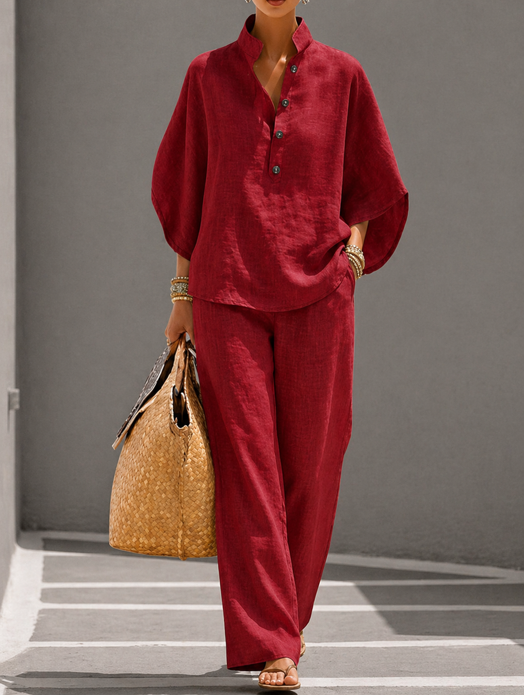 Mariel | Conjunto de Algodón y Lino con Mangas Murciélago y Pantalón Largo