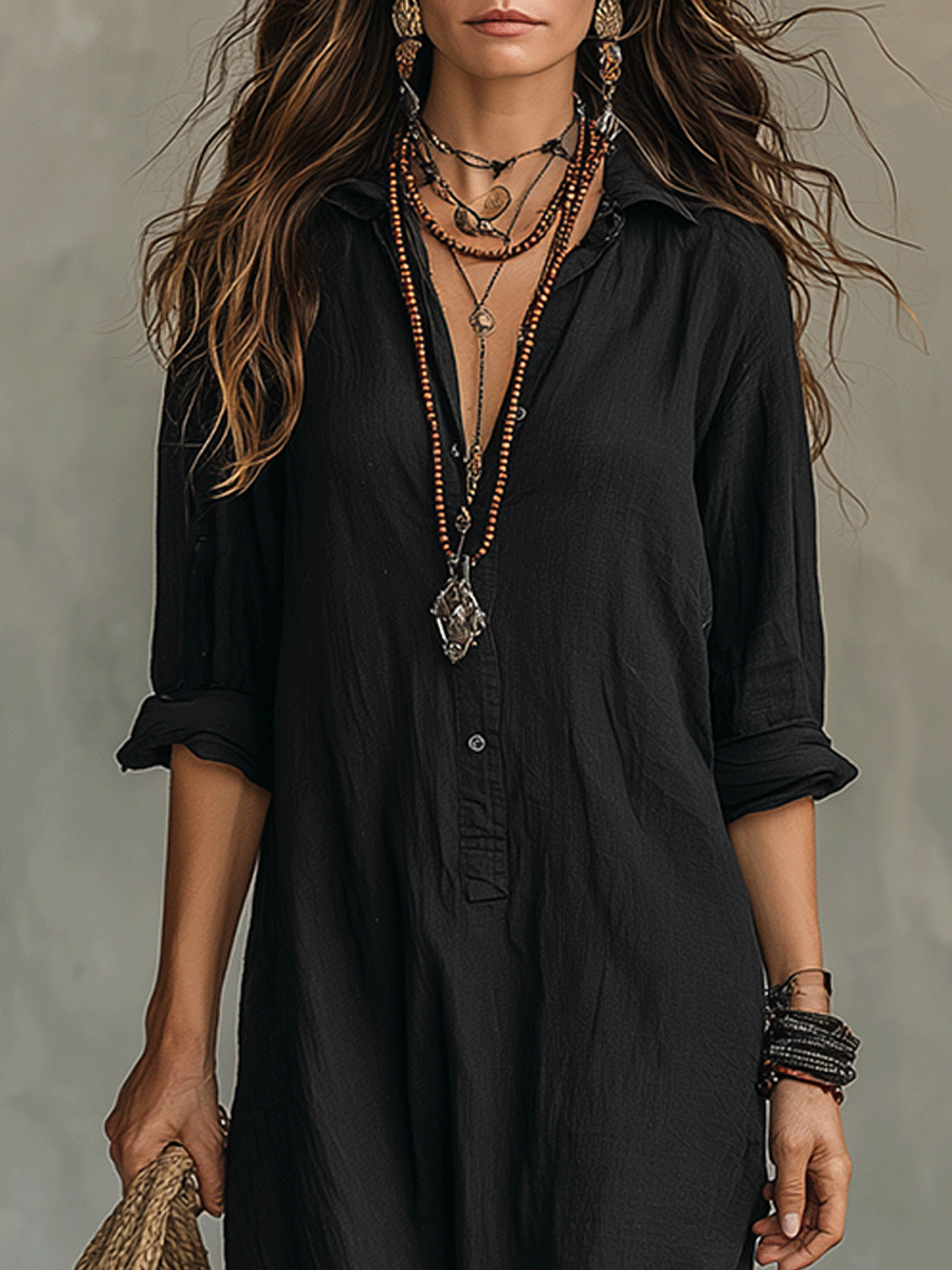 Montserrat™ | Vestido maxi bohemio negro con botones en la parte delantera