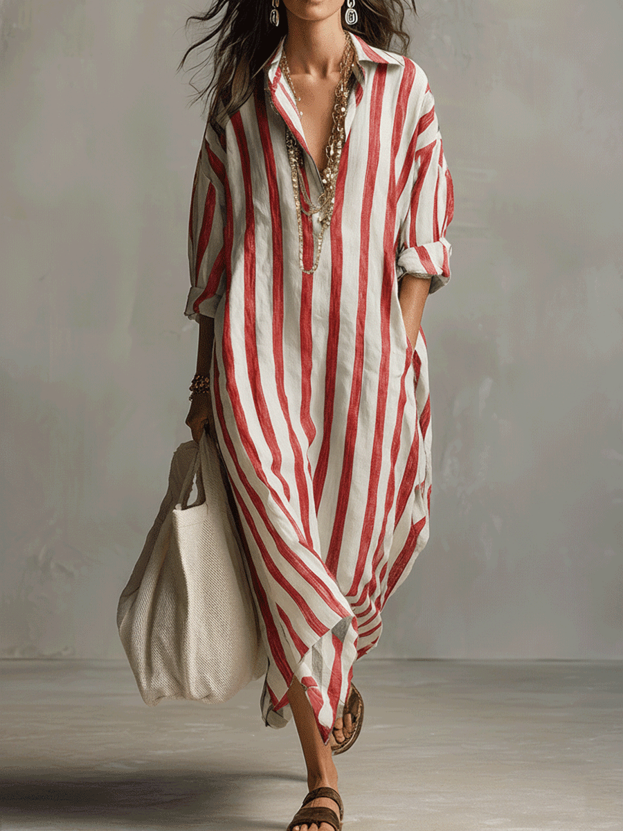 Soledad™ | Vestido maxi camisero a rayas de estilo bohemio