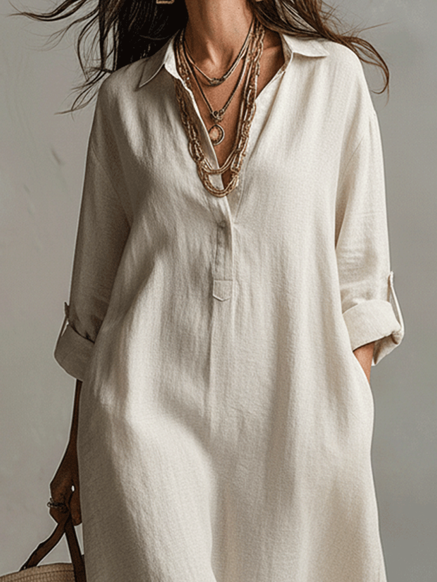 Gracia™ | Vestido camisero maxi vintage ligero en crema natural