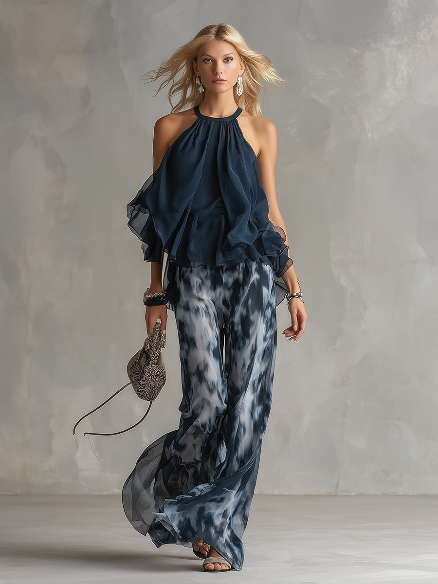 Serena | Conjunto elegante en chiffon con top de cuello alto y pantalón de estampado de pierna ancha