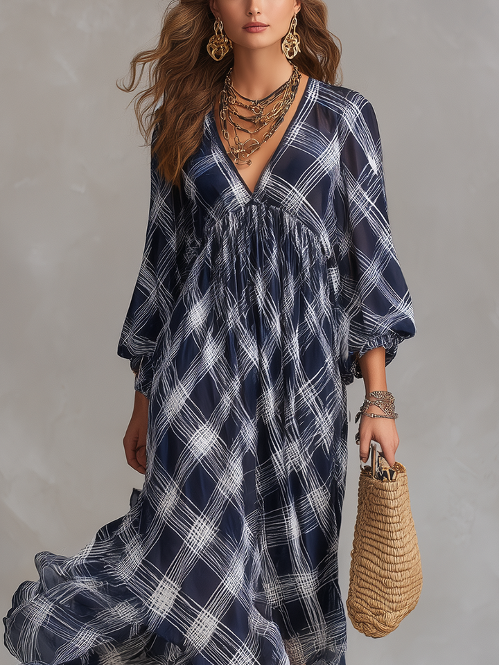 Elvira™ | Vestido maxi fluido de estilo francés azul marino a cuadros
