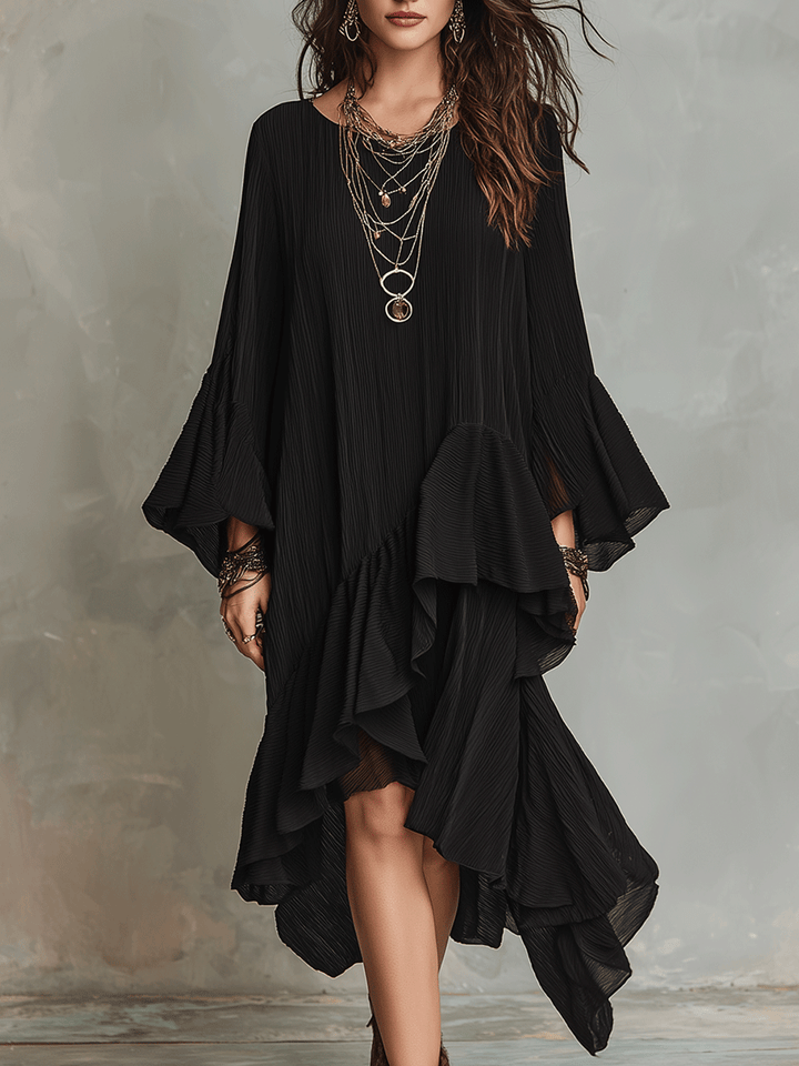 Remedios™ | Elegante vestido midi bohemio negro asimétrico con pliegues