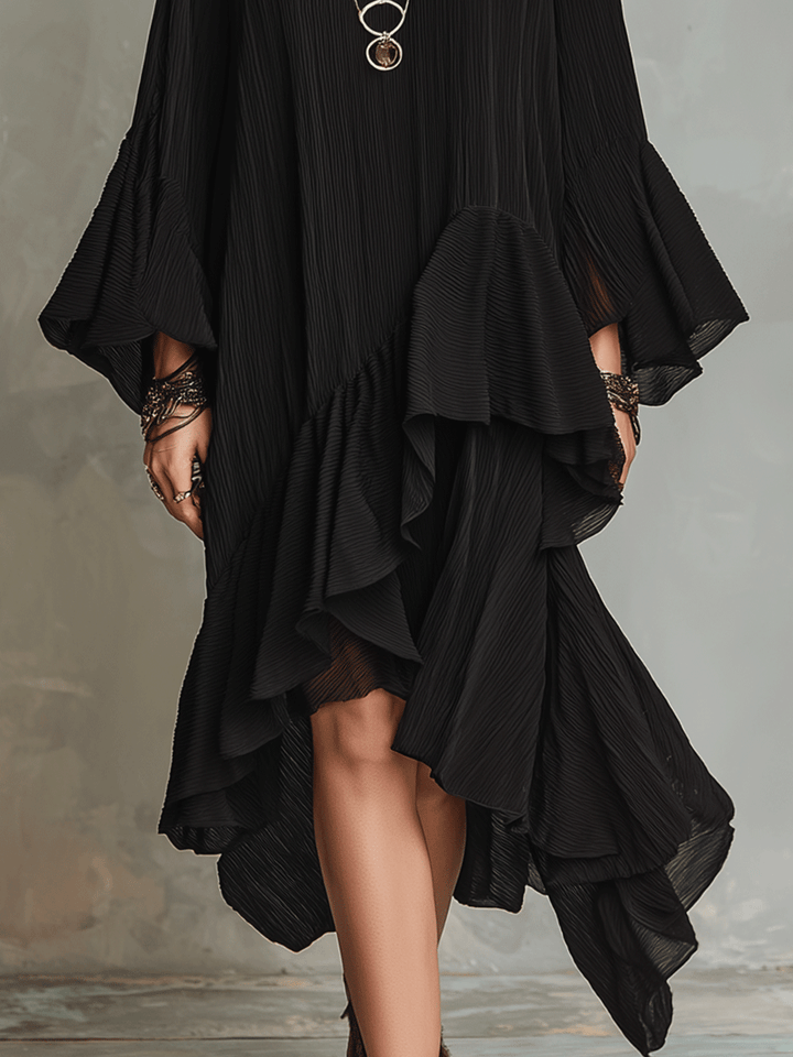 Remedios™ | Elegante vestido midi bohemio negro asimétrico con pliegues