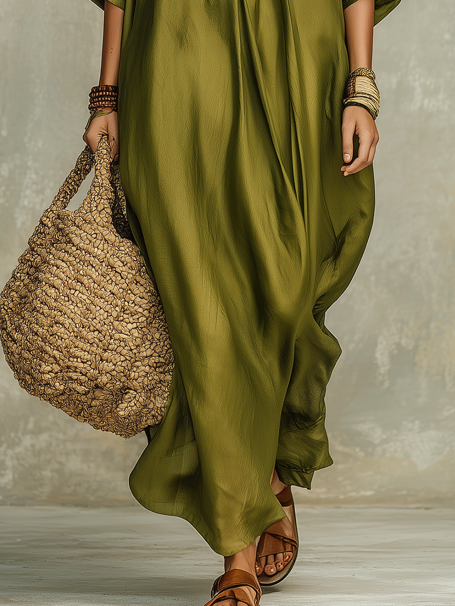 Rocío™ | Vestido maxi bohemio verde oliva holgado