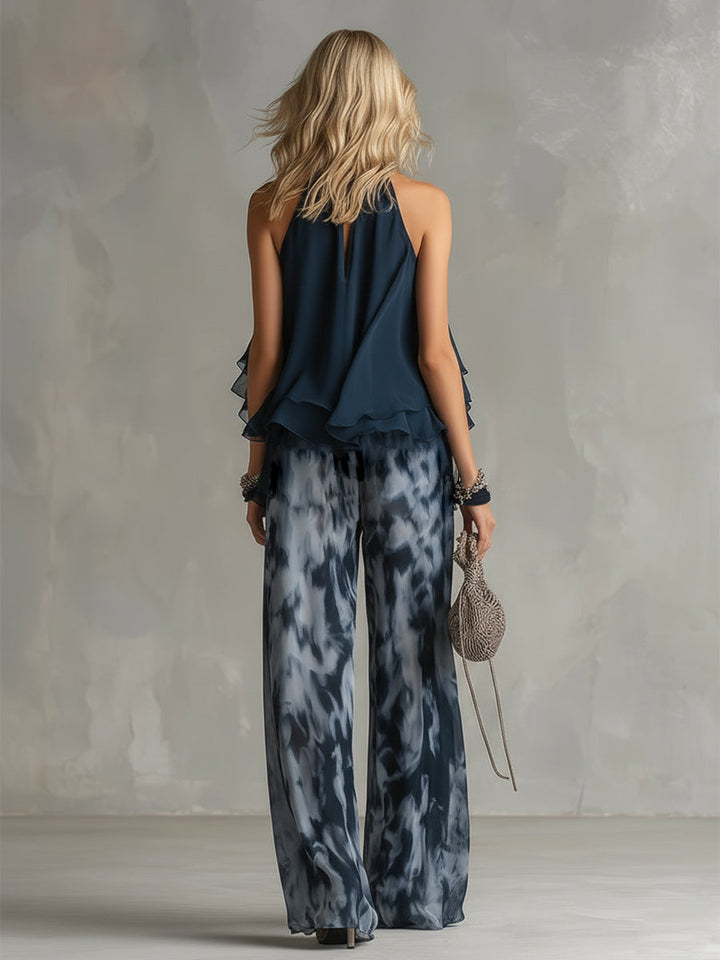 Serena | Conjunto elegante en chiffon con top de cuello alto y pantalón de estampado de pierna ancha