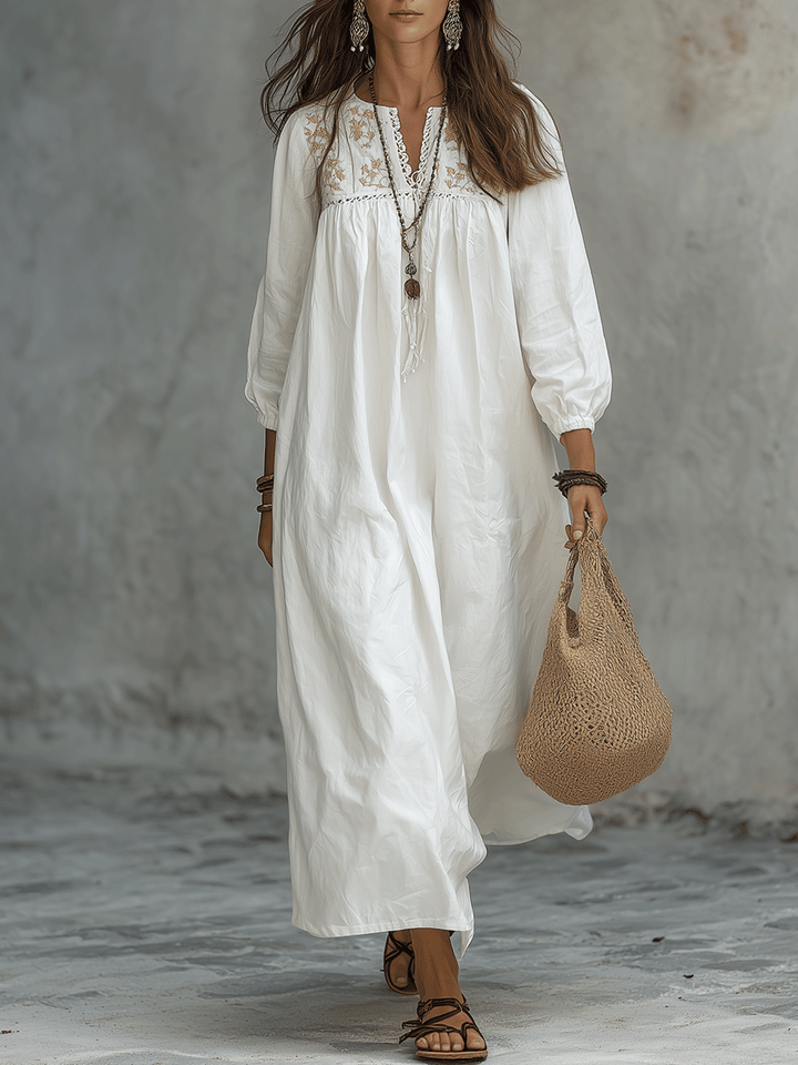 Esperanza™ | Vestido maxi blanco bohemio con bordado de flores y mangas globo