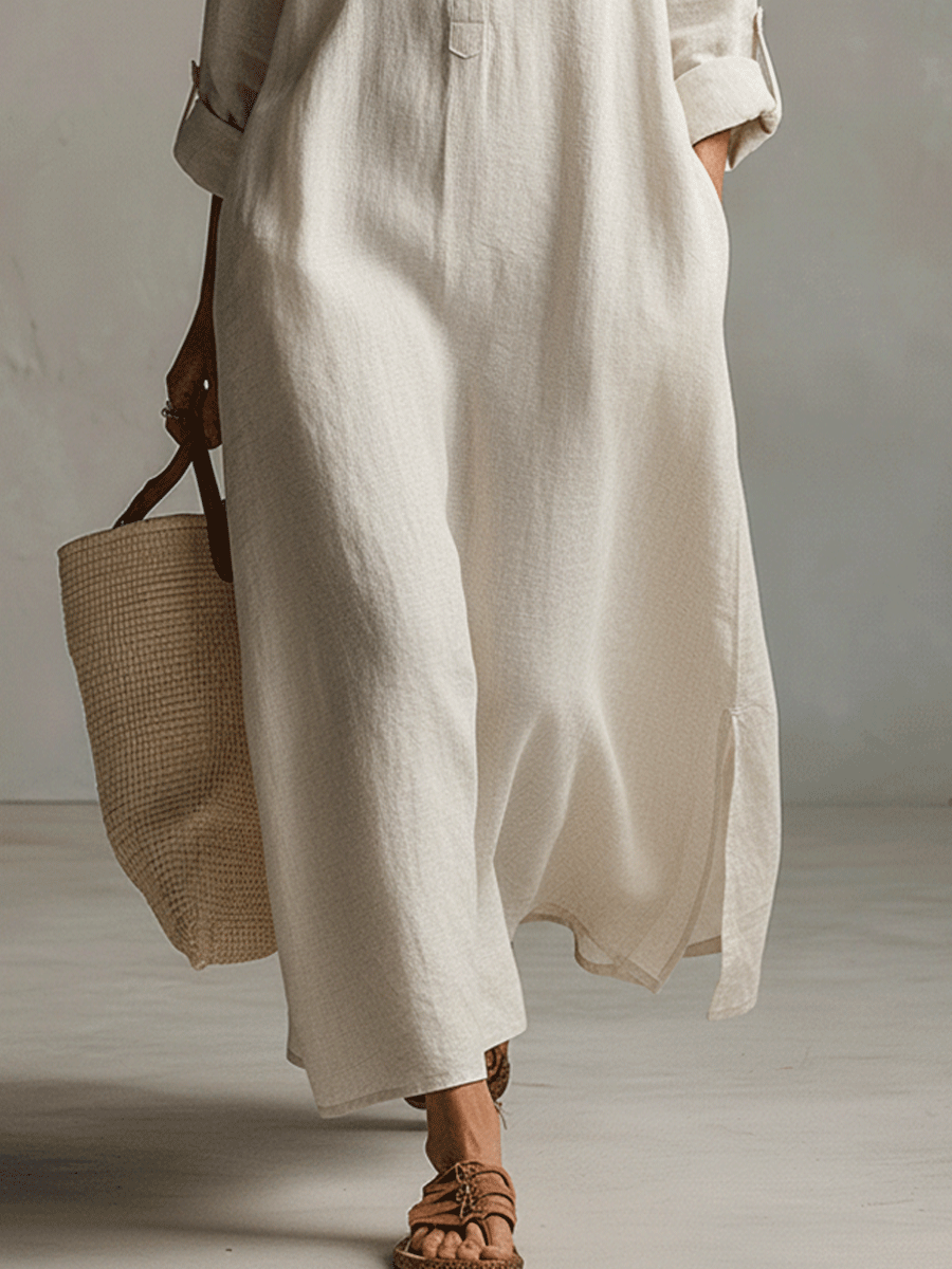 Gracia™ | Vestido camisero maxi vintage ligero en crema natural