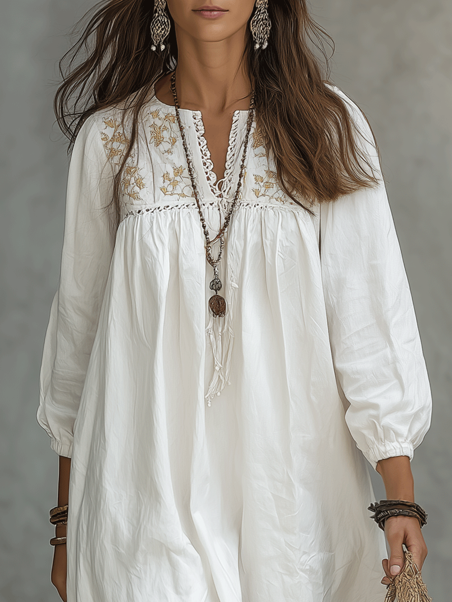 Esperanza™ | Vestido maxi blanco bohemio con bordado de flores y mangas globo