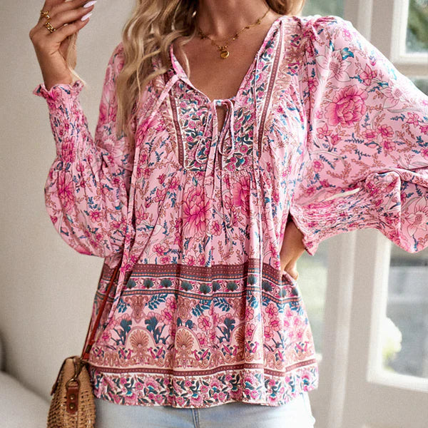 Celine™ | Blusa femenina de manga larga con cuello en V y estampado floral