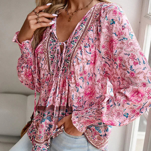 Celine™ | Blusa femenina de manga larga con cuello en V y estampado floral