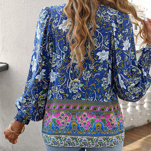 Celine™ | Blusa femenina de manga larga con cuello en V y estampado floral