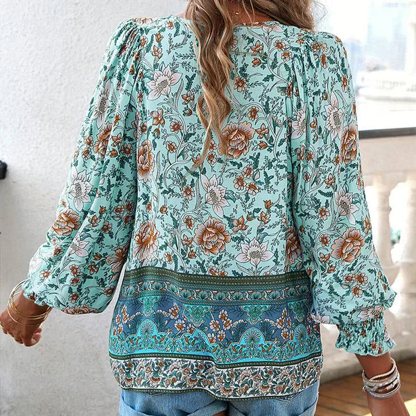 Celine™ | Blusa femenina de manga larga con cuello en V y estampado floral