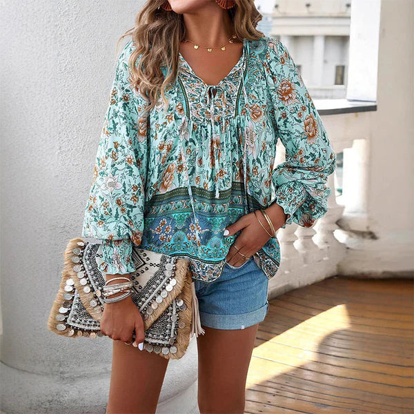 Celine™ | Blusa femenina de manga larga con cuello en V y estampado floral