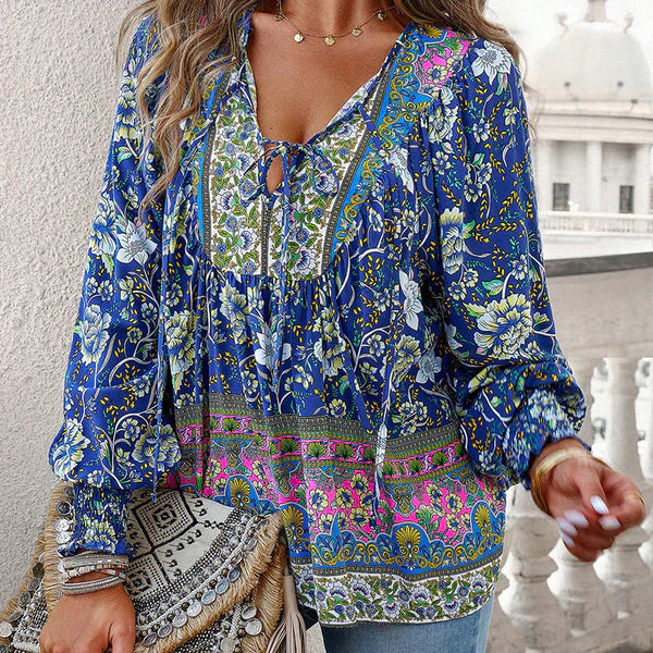 Celine™ | Blusa femenina de manga larga con cuello en V y estampado floral