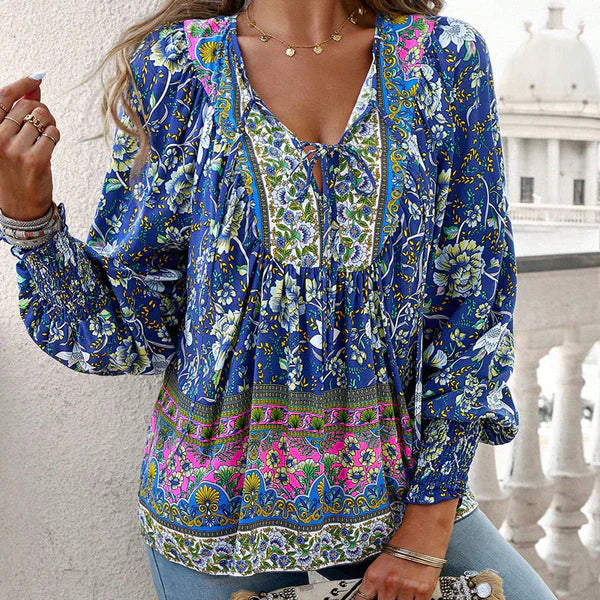 Celine™ | Blusa femenina de manga larga con cuello en V y estampado floral