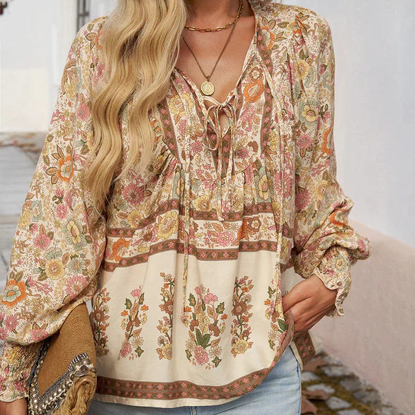 Celine™ | Blusa femenina de manga larga con cuello en V y estampado floral