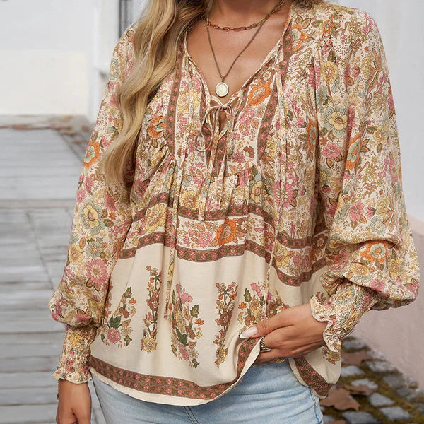 Celine™ | Blusa femenina de manga larga con cuello en V y estampado floral
